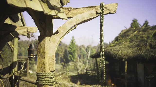 A weathered wooden beam supports a noose swaying gently in the morning breeze. Nearby, cozy cottages with thatched roofs bask in the soft glow of dawn, surrounded by lush greenery.