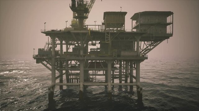 Structural overview of offshore oil rig, detailed legs and bracing with walkways, industrial symmetry and photographic grain, engineering perspective