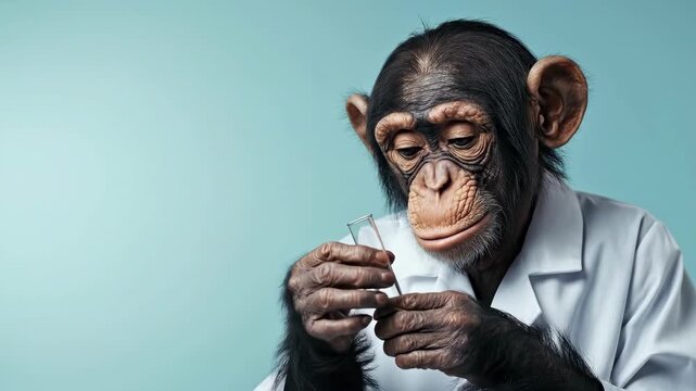 Chimpanzee in laboratory coat holding test tube on blue background