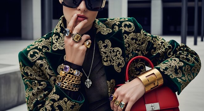 A Person Wearing A Black And White Jacket With Gold Accessories And A Pink Handbag
