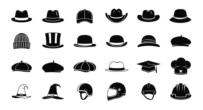 Collection of various hats and headwear on white background including fedoras cowboy hats bowlers and helmets