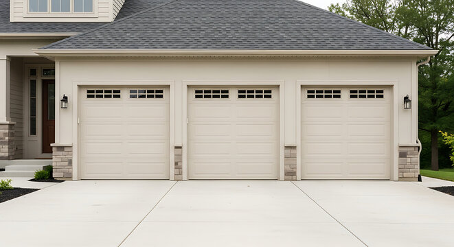 A three beige garage doors with windows isolated on transparent background Perfect for Commercial and Design Use