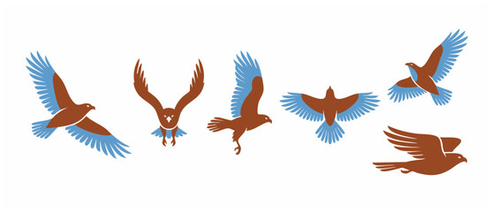 Obraz premium Eagle flying logo icon set, brown and blue flat bird silhouettes in various poses, majestic raptor hawk graphics for branding identity, power and freedom concept illustration isolated on white backgro