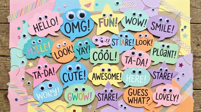 A colorful assortment of fun and playful stickers with various expressions and words