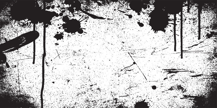 Abstract black and white grunge frame with ink drips, splatters, distressed border, and a rough edge effect for graphic design