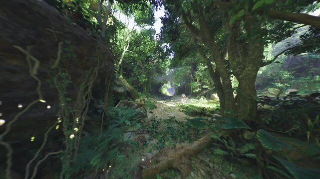 dappled forest gateway with lush groundcover and overarching branches, soft light filtering to reveal textured stones and winding path toward distant glow,