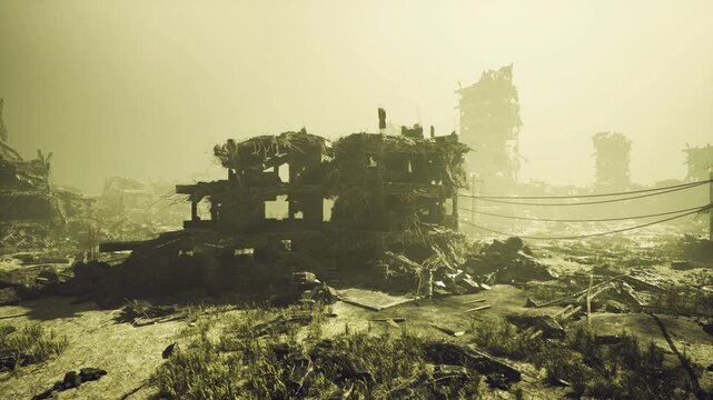 botanist kneeling amid grassy rubble mapping regrowth across ruined skyline, sprouting greenery among broken concrete, soft sunlight and quiet optimism