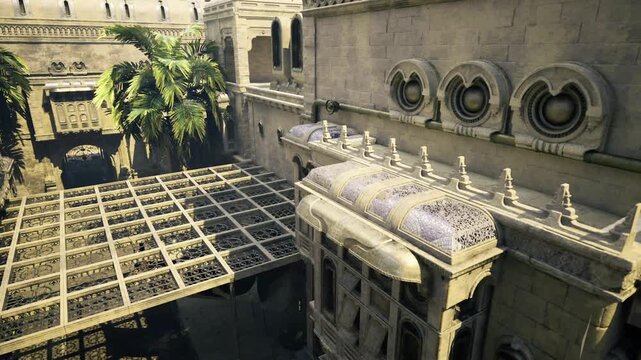 Sunlit lattice terrace with geometric shadows and palm canopy, openair grid casting patterned light across courtyard flooring, evocative mood for lifestyle