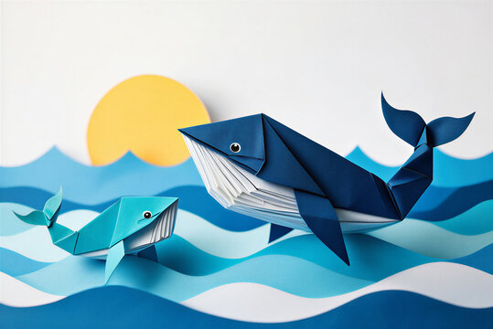 Origami whales in ocean waves paper craft minimal scene