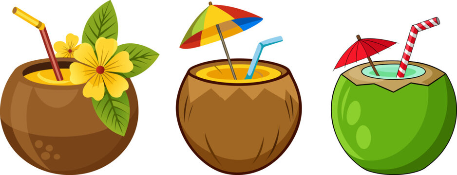 Three creative tropical drinks served in coconuts with unique garnishes and umbrellas