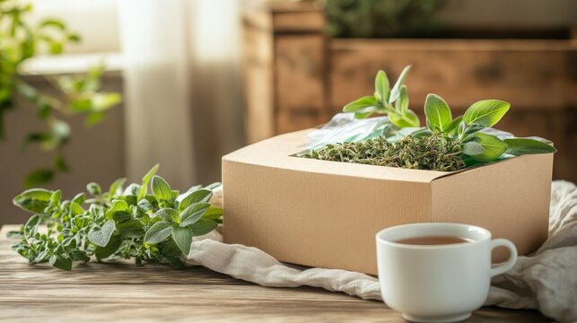 Fresh herbs on table with cardboard box and steaming cup, wooden backdrop, soft natural light