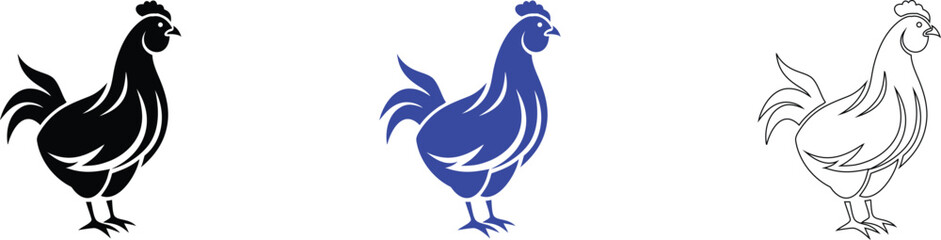 Fototapeta premium Rooster Silhouettes: Black, Blue, and Outline Vector Set for Farm and Poultry Design