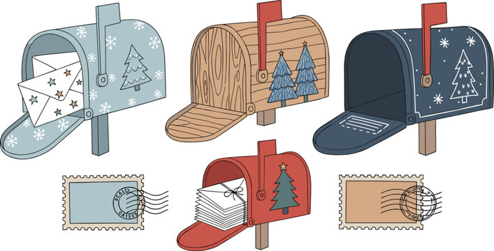 Decorative Mailbox Collection Vector Illustration with Letters and Post Stamps for Postal Service, Communication, and Holiday Designs