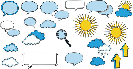 Obraz premium Set of Speech Bubbles, Weather Icons, and UI Elements Vector Illustration for Communication, Forecast, and Design Projects