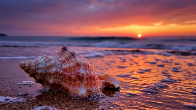 Seashell on sandy beach at sunset calm ocean landscape