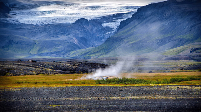 Geothermal Steam Plume in Volcanic Landscape with Snow-Covered Peaks