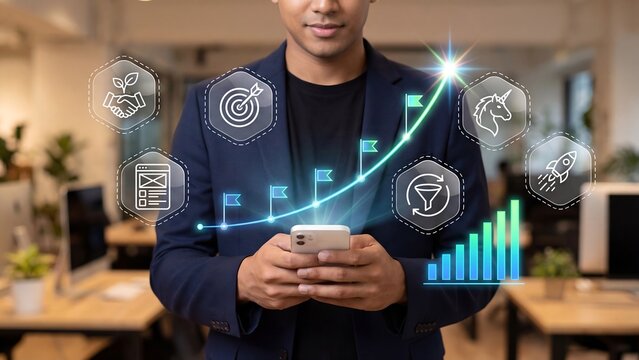Business professional using smartphone with rising growth chart and strategy icons for investment tracking and performance management