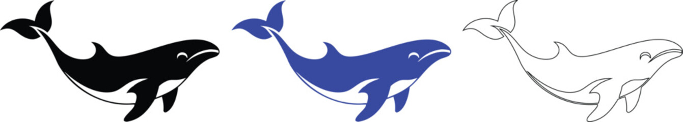 Obraz premium Whale Illustration Set: Black, Blue, and Outline Versions for Design Projects
