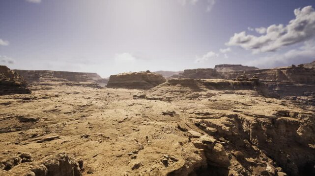 close textured rock foreground shows eroded sandstone patterns and deep fissures, granular relief emphasized by lowangle light, tactile detail perfect
