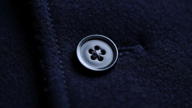 A close-up showcases a button on dark blue fabric, a textured material. The button is round with four holes and attached with thread