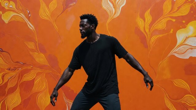 Bold man moves rhythmically against vibrant orange floral backdrop