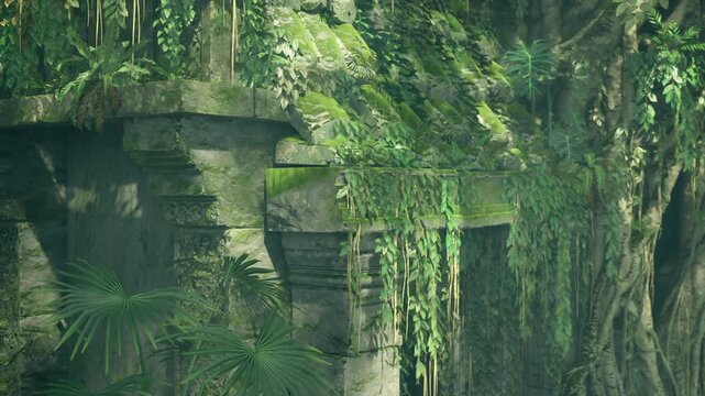 sunlit mossy stone facade revealing worn relief and vine patterns, warm shafts of light highlight texture and age, subtle patina and damp plaster create