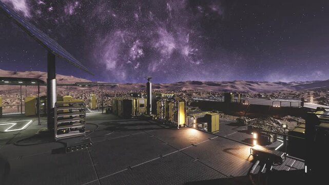 night outpost under starry galaxy sky, modular habitat clusters and illuminated antenna arrays on rocky plateau, soft LED pathways, maintenance drones