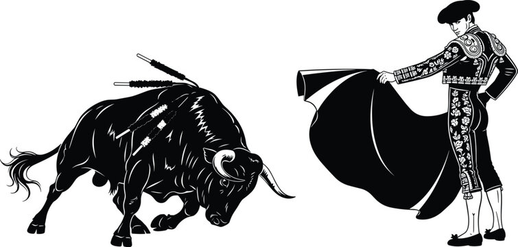 Bullfighting silhouette, matador with cape, charging bull, traditional costume, Spanish culture, dramatic scene, horns forward, ornate outfit, artistic illustration, vector design