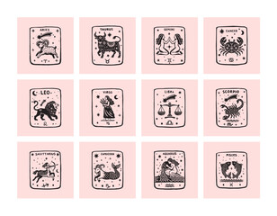 A set of naive folk illustrations of the zodiac signs. Trendy vector illustrations.