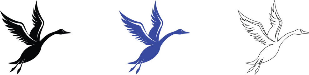 Goose Silhouette Set: Black, Blue, and Line Art Versions for Versatile Design Applications © Aroti