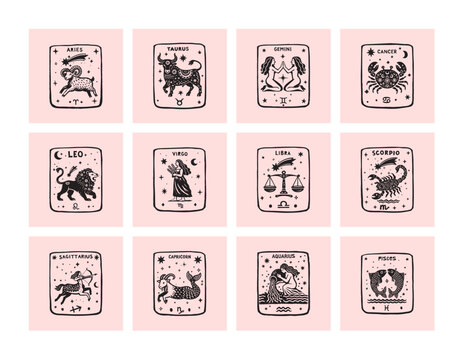 A set of naive folk illustrations of the zodiac signs. Trendy  vector illustrations.