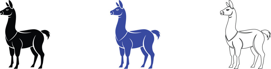 Naklejka premium Llama Illustrations Set: Black, Blue, and White Line Art Designs