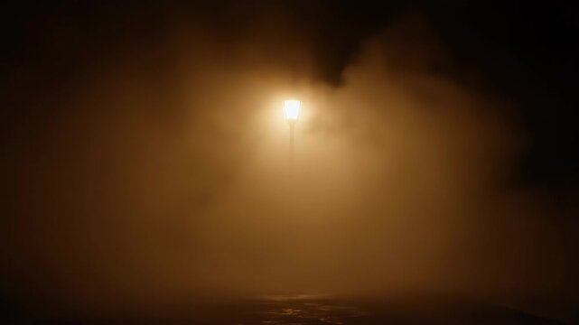 A lone lamppost illuminates a foggy night. Light beams, atmosphere obscures details. Darkness surrounds the golden-toned glow