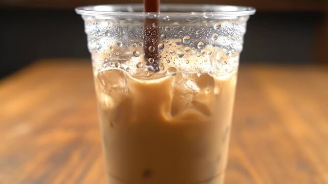 A close-up of a refreshing iced coffee in a clear plastic cup with a straw. The cup beads with condensation