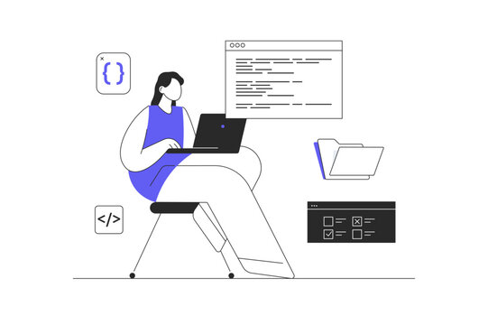 Programming and coding concept. Technology process of software development. Full Stack Developer.  Flat Cartoon Vector Illustration, icon Stylish abstract design landing page web