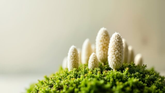 Soft White Moss Plush Elements Growing on Green