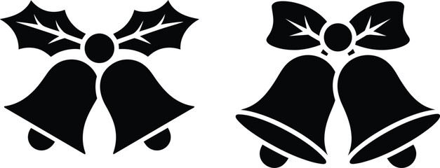 Black silhouettes of holly leaves and two stylized christmas bells © mdmahafuza