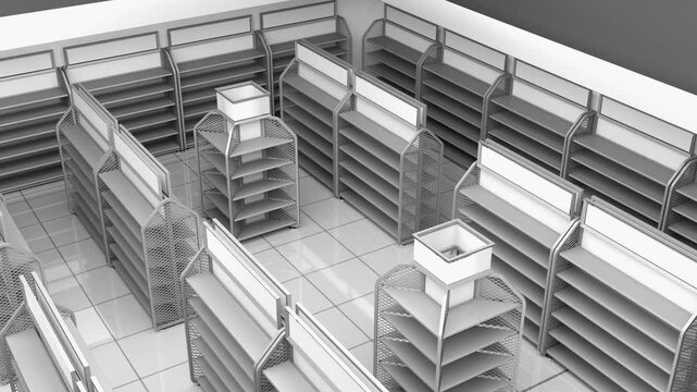 Rotation of the trading floor mockup with metal display racks with blank topper and diamond grid sides. 3d animation isolated on grey