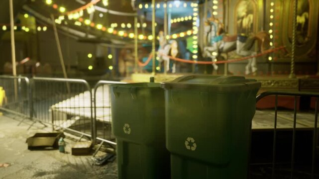 green bins framed by carousel, warm bokeh glow from string lights, metal barricades casting shadows, damp asphalt with scattered packaging, recycling symbols
