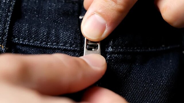 A hand's finger pulls a zipper on dark denim. Close up shows metal zipper, fabric detail, nail focus