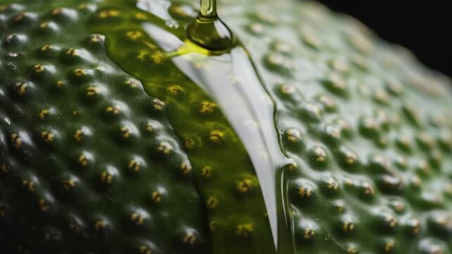 Oil drops flowing over bumpy green avocado skin. Liquid essence dripping down fresh fruit surface. Culinary ingredient drizzle for healthy cooking food concept.