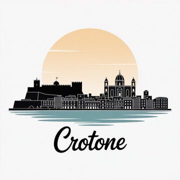 Crotone Italy Skyline Silhouette &mdash; Castle of Charles V, Cathedral Tower and Ionian Harbor Cityscape