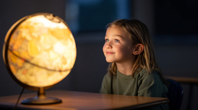 Child learning astronomy and geography with illuminated globe in classroom setting