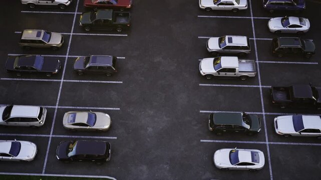 Overhead view cars parked in twilight rows, evening streetlights starting, subtle reflections on hoods, organized lanes and routine commuter atmosphere