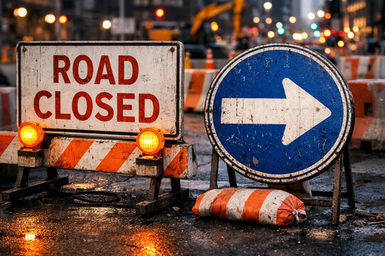 Road closed signs with orange warning lights and a directional arrow signal indicate construction or traffic detours