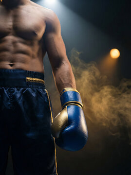Athletic male boxer with blue gloves in dramatic spotlight smoke filled boxing arena