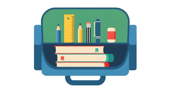 Back to school cartoon lunchbox packed with colorful pencils books folders thermos cheerful illustration