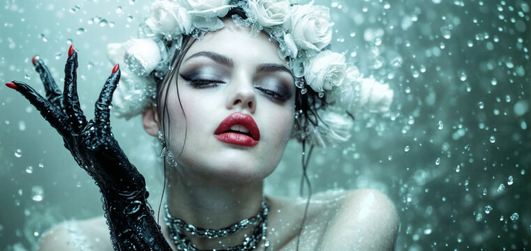 Shocking nymph wearing a wreath of white roses and black latex glove against a backdrop of rain splashes. Ecopunk, mythical beauty concept. Fantasy portrait for banner with copy space