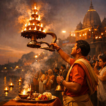 Hindu Ganga Aarti Ceremony with Priest Performing Ritual and Fire Lamps by River