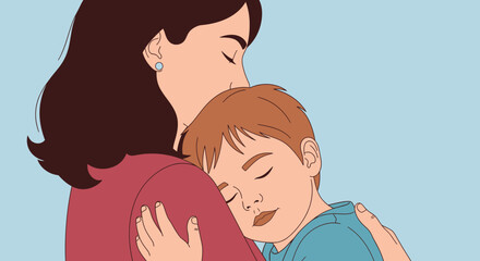 Obraz premium Mother Hugging Little Boy Tightly.